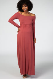 Rust Off Shoulder Long Sleeve Maternity Maxi Dress