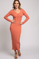 Rust Ribbed Side Slit Long Sleeve Maxi Dress