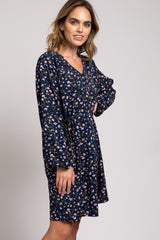 Navy Floral Long Sleeve Waist Tie Dress