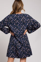 Navy Floral Long Sleeve Waist Tie Dress