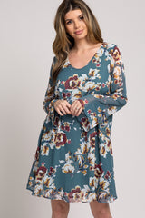 Teal Long Sleeve Floral Chiffon Dress