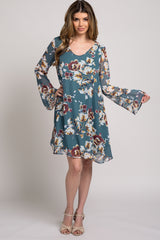 Teal Long Sleeve Floral Chiffon Dress