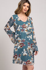 Teal Long Sleeve Floral Chiffon Dress