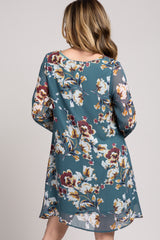 Teal Long Sleeve Floral Chiffon Dress