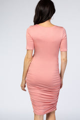 PinkBlush Mauve Ruched Round Neck Short Sleeve Midi Dress