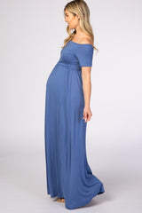 PinkBlush Light Blue Off The Shoulder Short Sleeve Maternity Maxi Dress