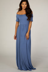 PinkBlush Light Blue Off The Shoulder Short Sleeve Maternity Maxi Dress