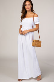 PinkBlush White Off Shoulder Textured Polka Dot Short Sleeve Maxi Dress