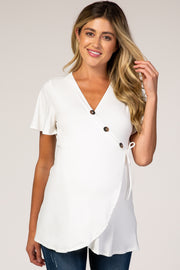 PinkBlush White Short Sleeve Button Accent Wrap Maternity/Nursing Top