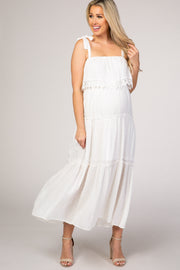 White Swiss Dot Tiered Maternity Maxi Dress