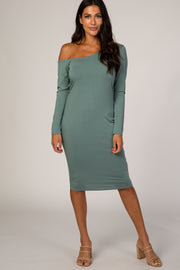 PinkBlush Dusty Green One Shoulder Fitted Midi Dress