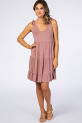 Mauve Tiered Tie Sleeve Maternity Dress