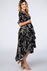 Black Leaf Print Hi-Low Wrap Maternity Midi Dress