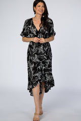 Black Leaf Print Hi-Low Wrap Maternity Midi Dress