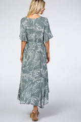 Sage Leaf Print Hi-Low Wrap Midi Dress