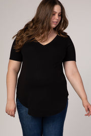 Black V-Neck Short Sleeve Maternity Plus Top