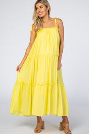 Yellow Tie Strap Ruffle Maternity Maxi Dress