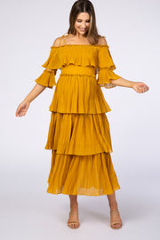 Mustard Pleated Ruffle Detail Adjustable Tie 3/4 Sleeve Maternity Maxi Dress