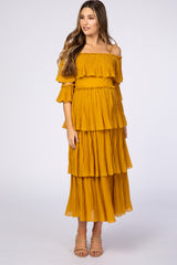 Mustard Pleated Ruffle Detail Adjustable Tie 3/4 Sleeve Maternity Maxi Dress