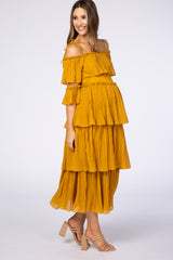 Mustard Pleated Ruffle Detail Adjustable Tie 3/4 Sleeve Maternity Maxi Dress