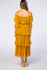 Mustard Pleated Ruffle Detail Adjustable Tie 3/4 Sleeve Maternity Maxi Dress