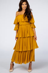 Mustard Pleated Ruffle Detail Adjustable Tie 3/4 Sleeve Maternity Maxi Dress