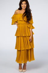 Mustard Pleated Ruffle Detail Adjustable Tie 3/4 Sleeve Maxi Dress