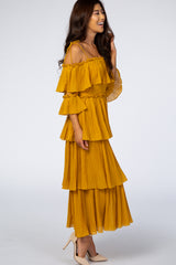 Mustard Pleated Ruffle Detail Adjustable Tie 3/4 Sleeve Maxi Dress