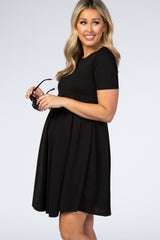 Black Short Sleeve Front Pleat Maternity Dress