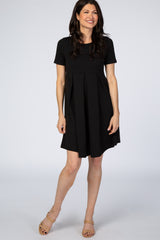 Black Short Sleeve Front Pleat Maternity Dress