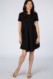 Black Short Sleeve Front Pleat Dress