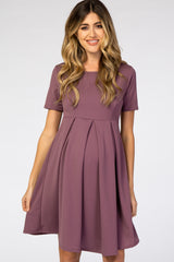 Purple Short Sleeve Front Pleat Maternity Dress