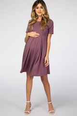 Purple Short Sleeve Front Pleat Maternity Dress