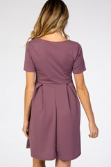 Purple Short Sleeve Front Pleat Maternity Dress