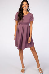 Purple Short Sleeve Front Pleat Maternity Dress