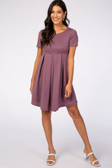 Purple Short Sleeve Front Pleat Dress