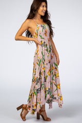 Pink Floral Ruffle Hem Maxi Dress