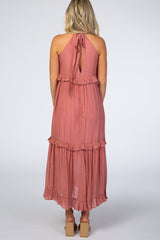 Mauve Halter Neck Ruffle Trim Maternity Maxi Dress