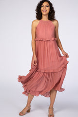 Mauve Halter Neck Ruffle Trim Maternity Maxi Dress