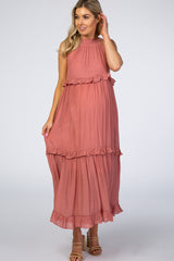 Mauve Halter Neck Ruffle Trim Maternity Maxi Dress