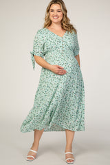 Mint Green Floral Tie Sleeve Maternity Plus Midi Dress