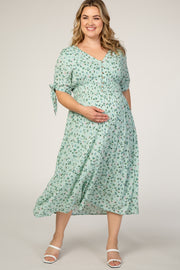 Mint Green Floral Tie Sleeve Maternity Plus Midi Dress