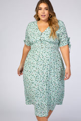 Mint Green Floral Tie Sleeve Plus Midi Dress