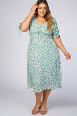 Mint Green Floral Tie Sleeve Plus Midi Dress