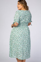 Mint Green Floral Tie Sleeve Plus Midi Dress