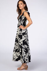 Black Palm Leaf Print Square Neckline Tie Strap Midi Dress