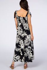 Black Palm Leaf Print Square Neckline Tie Strap Midi Dress