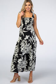 Black Palm Leaf Print Square Neckline Tie Strap Maternity Midi Dress