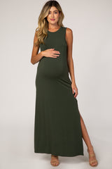 Olive Side Slit Maternity Maxi Dress