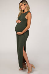 Olive Side Slit Maternity Maxi Dress